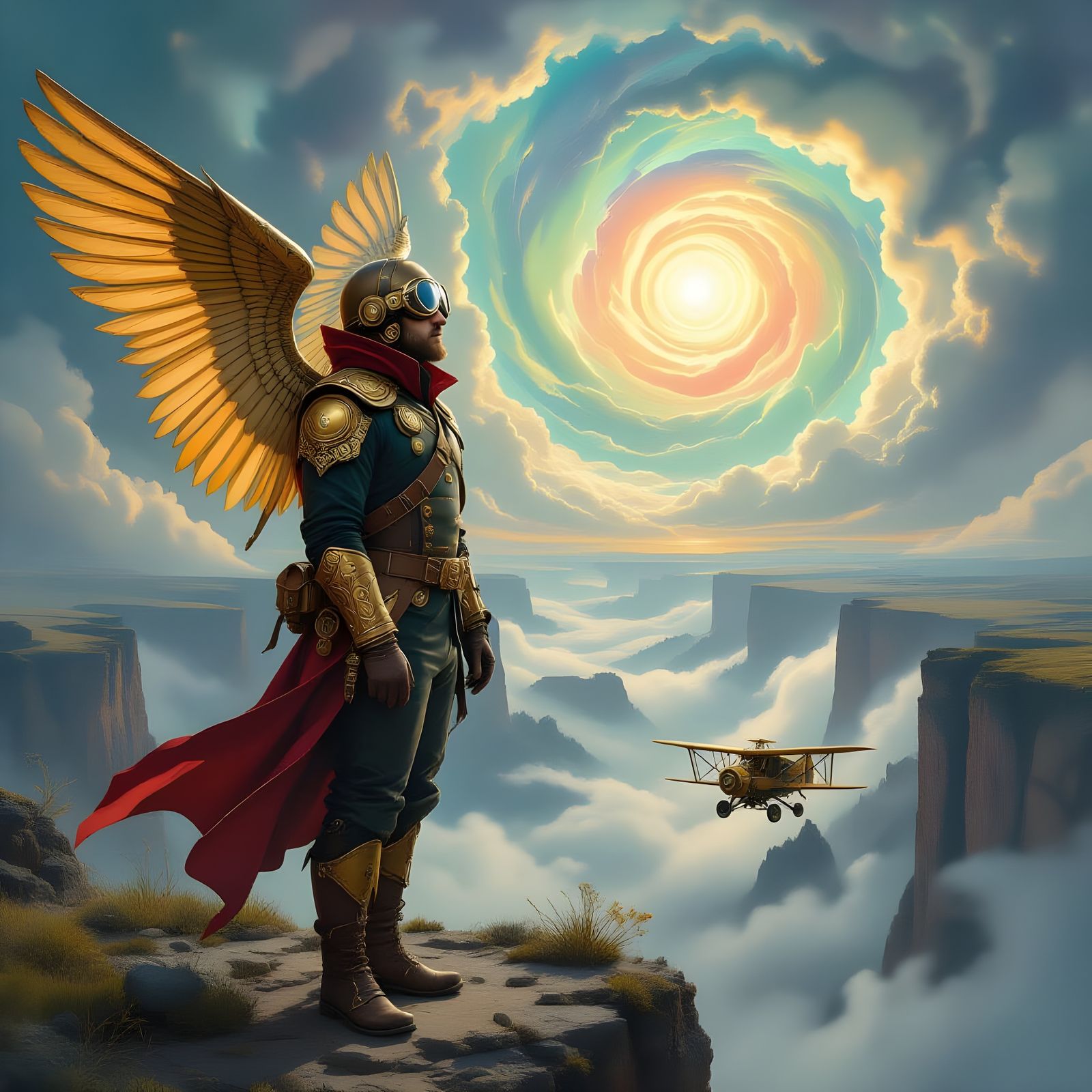 Steampunk Pilot with Wings Over Misty Valley