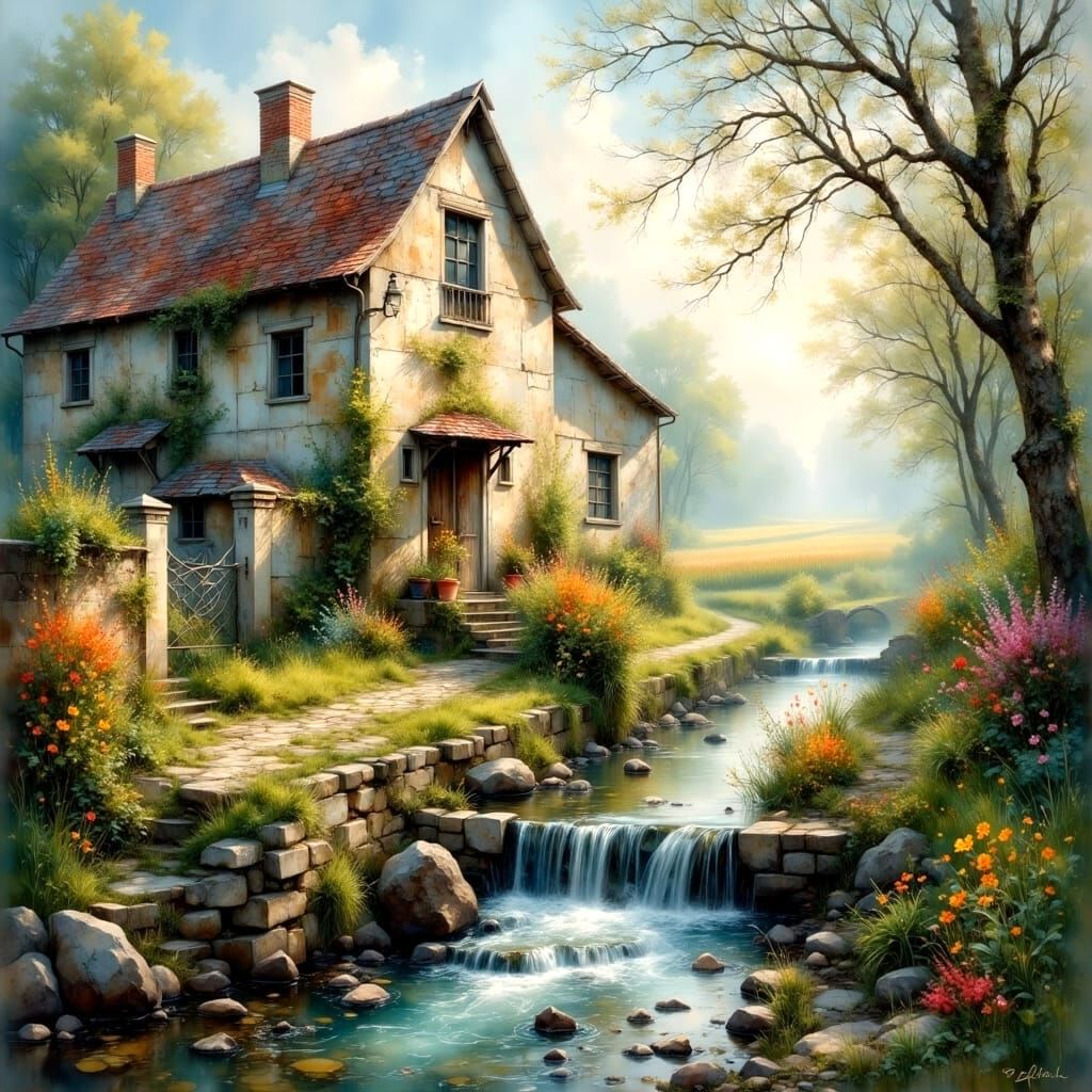 Rustic Barn and Stream in Ethereal Light