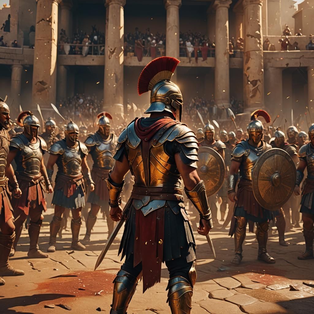 Victorious Gladiator in Sunlit Arena, Detailed Matte Paintin...