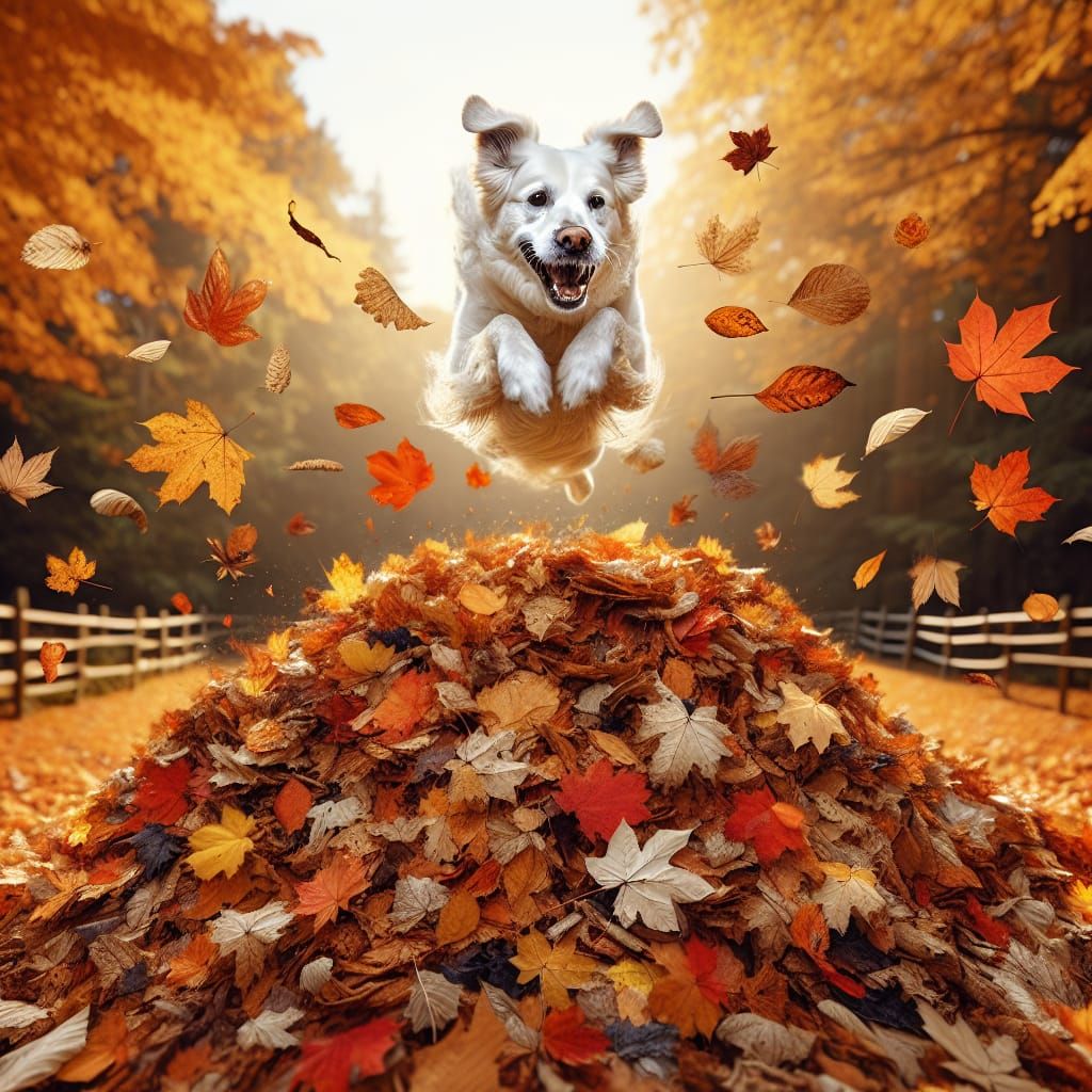 Dog's Joyful Autumn Leap into Leaves
