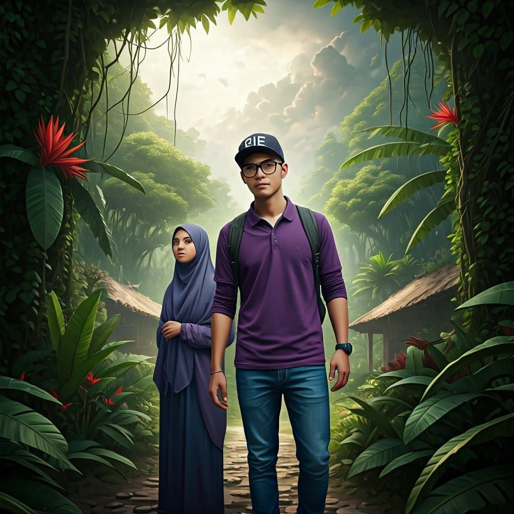 Jungle Encounter: A Young Couple Amidst Lush Foliage