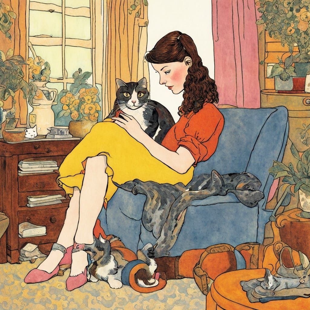 Girl and Cat Interior in William Steig Style