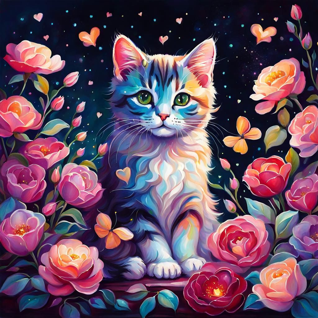Cat Surrounded by Flowers in Surreal Pop Art Style