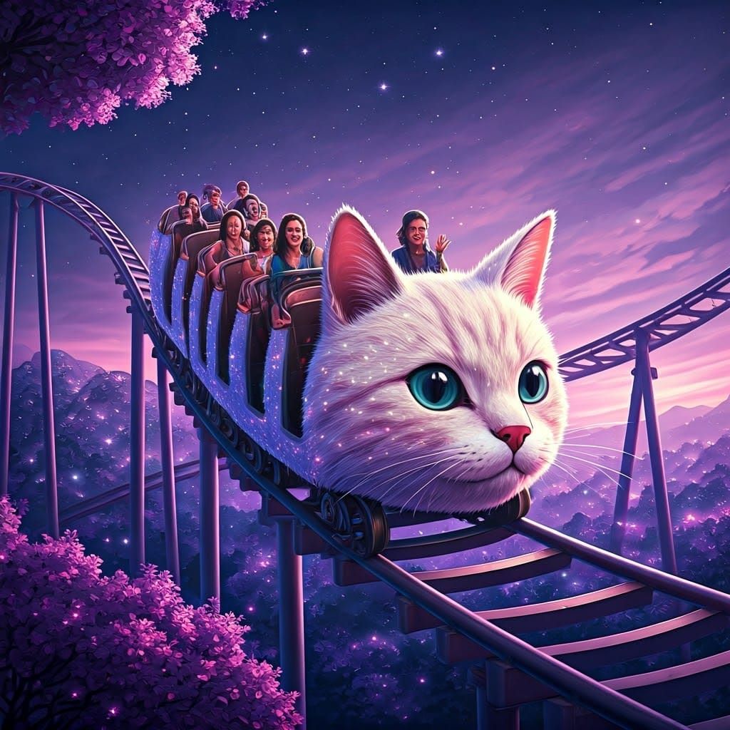 Fluffy Cat Rollercoaster in Ethereal Fantasy Style