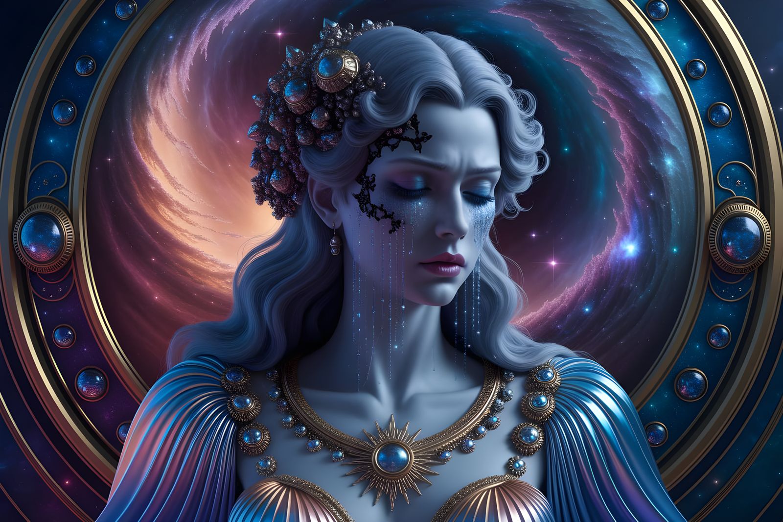 Celestial Goddess Weeping Stardust in Art Nouveau Style