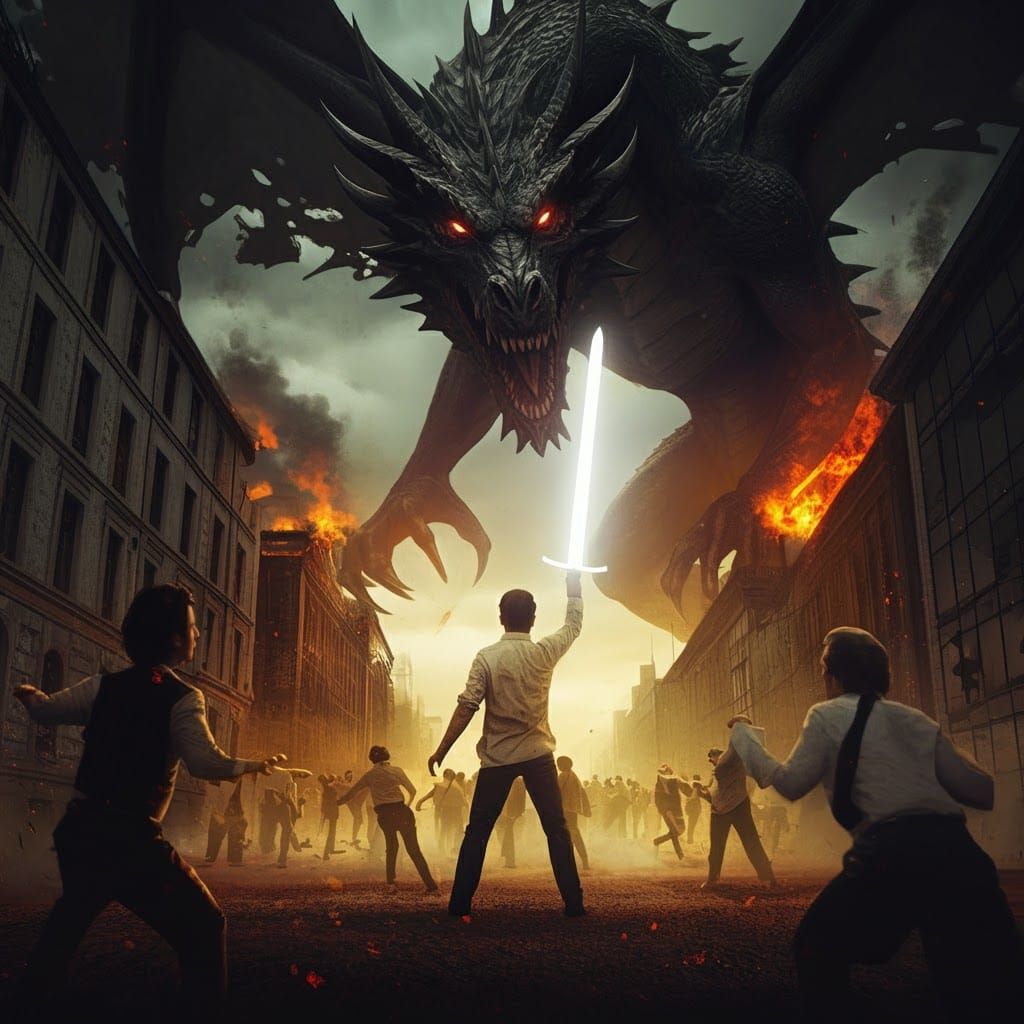 Courageous Man Faces Dragon in Burning City