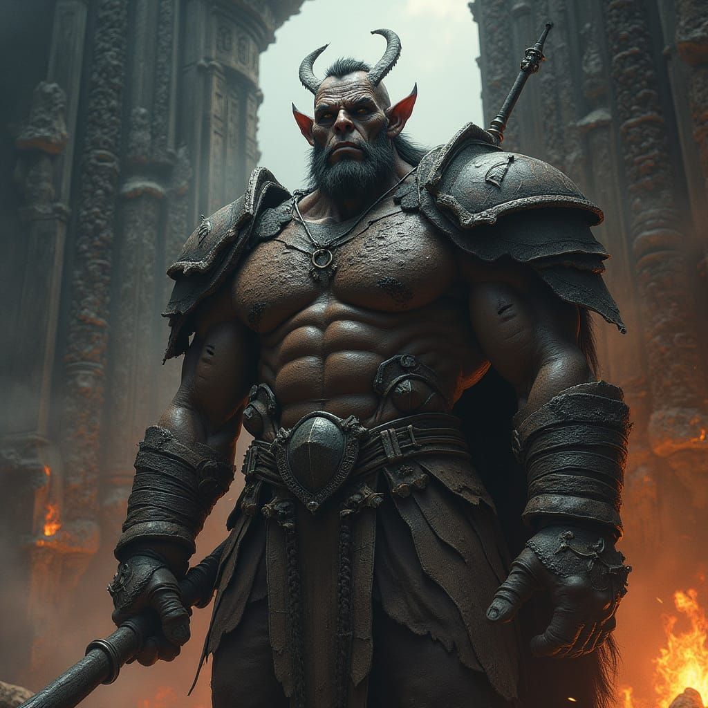 Orc Warrior Guarding Obsidian Gate in Dark Fantasy Style