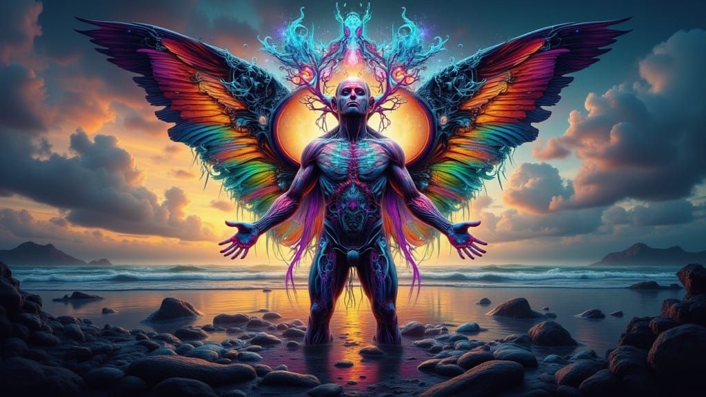 Biomechanical Figure Hatching on Tropical Beach in a Storm