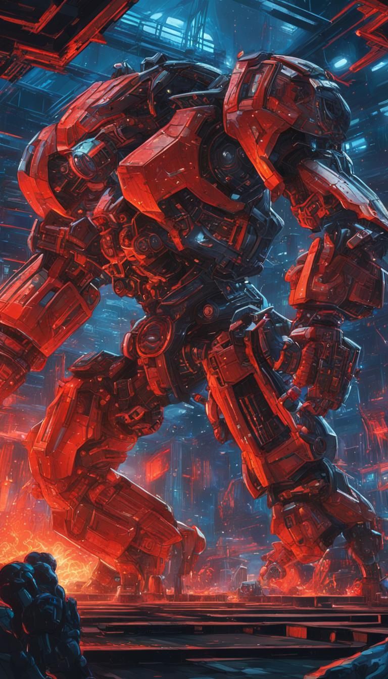 Epic Mecha Fight in Neon-Lit Steel Cage Arena
