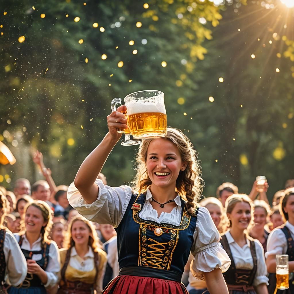 German Beer Maiden with Lager, Retro 70s Style