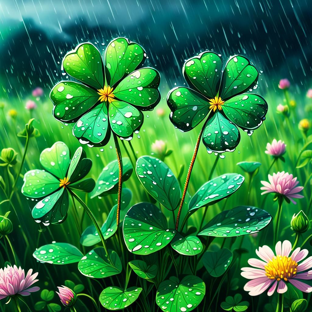 Glittering Four-Leaf Clover in Rainy Flower Field