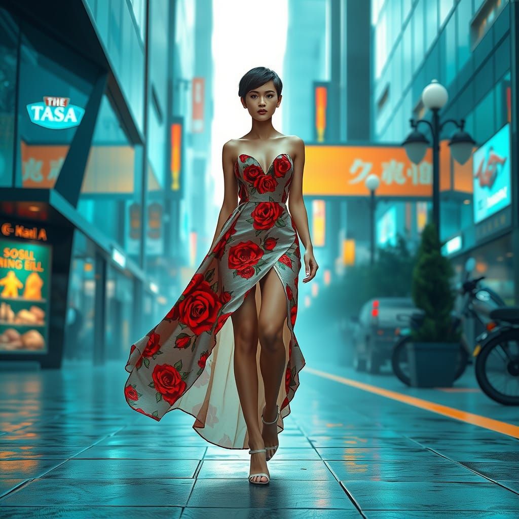 Confident Woman in Floral Dress, Hyperdetailed Cityscape