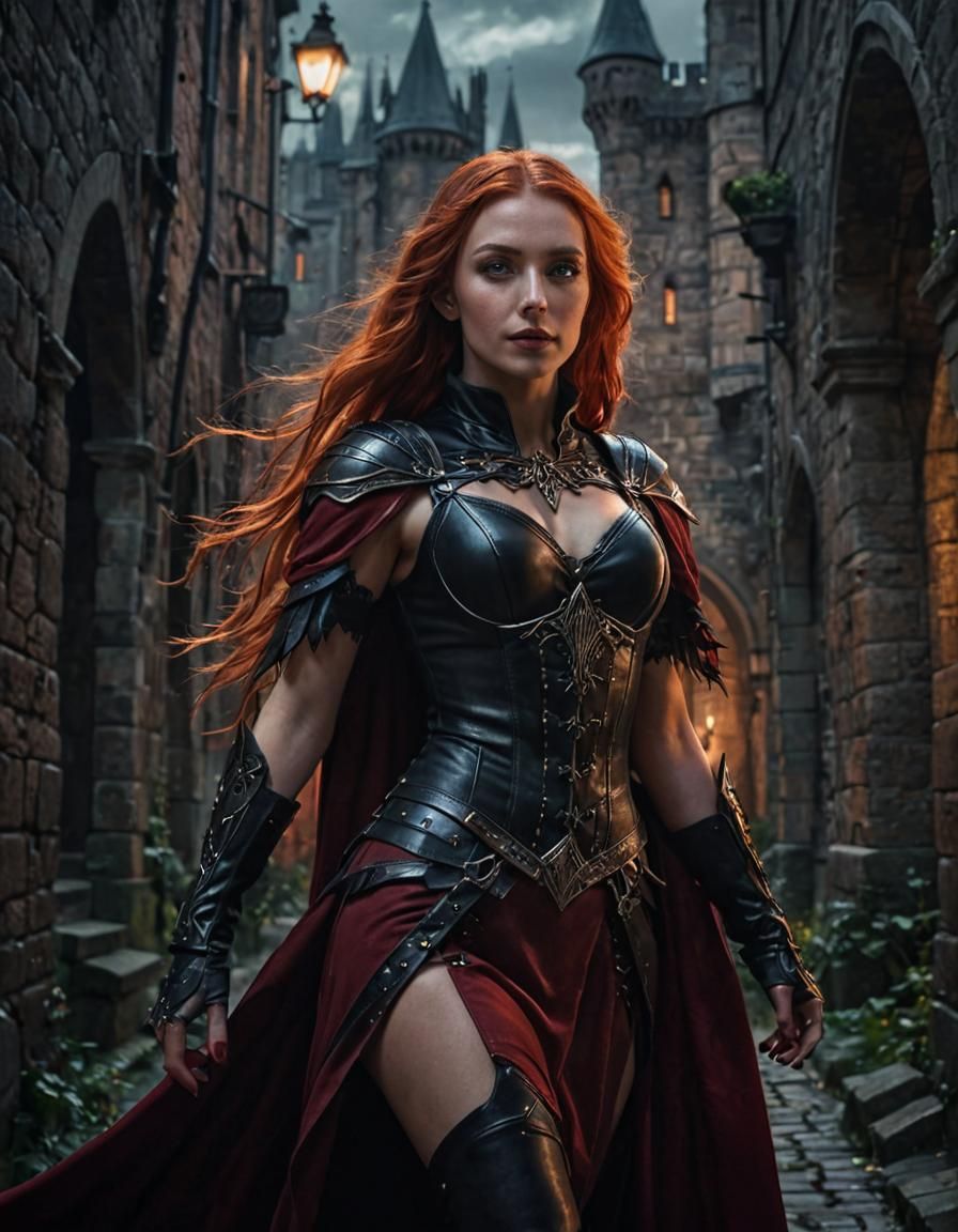 Battlemage Witch in Gothic Fantasy Alleyway