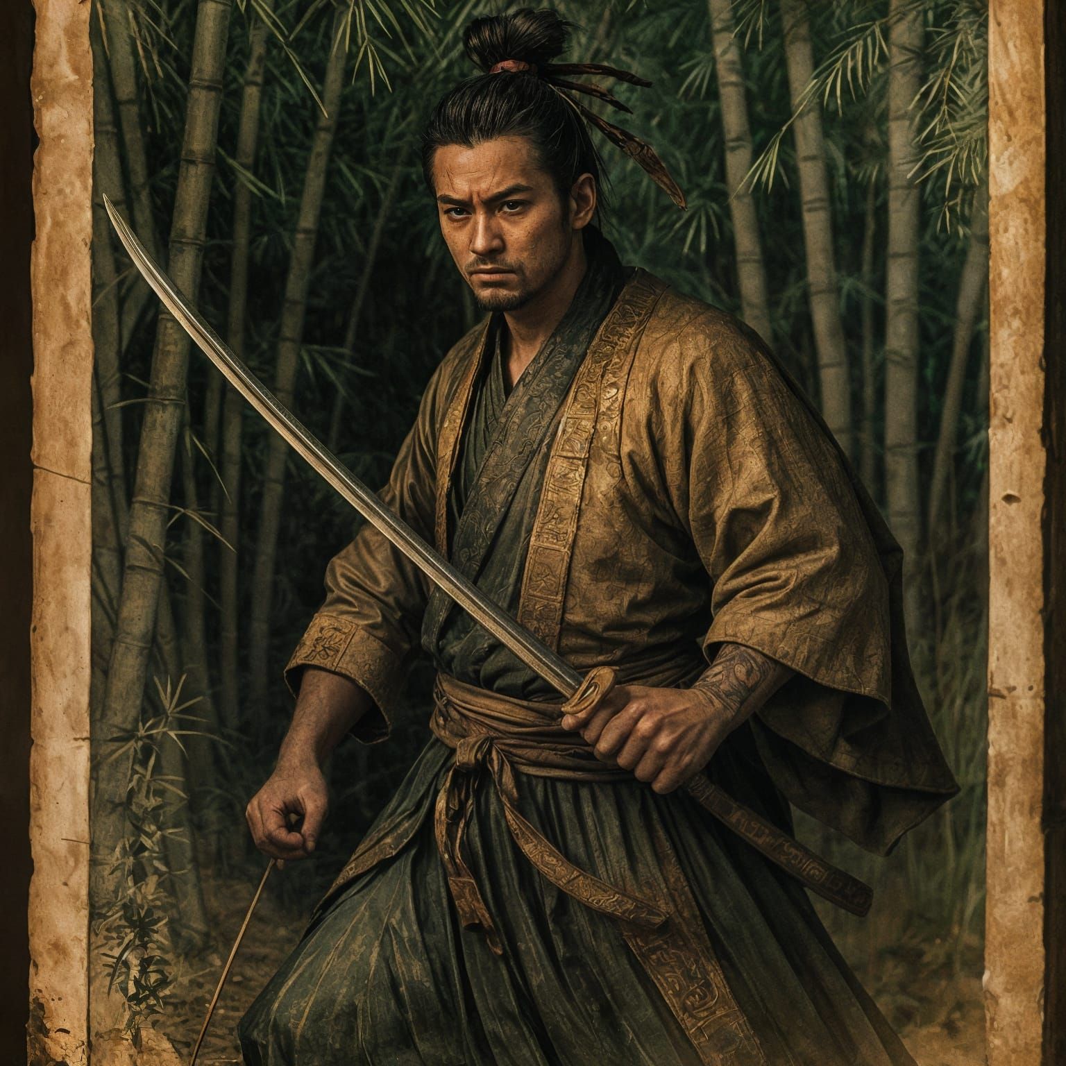 Samurai Warrior in Bamboo Forest: Golden Age Illustration