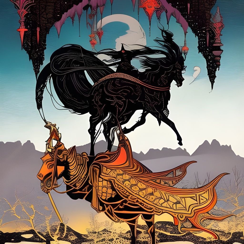 Steampunk Blimp Sunset with Goth Girl, in Art Nouveau Style