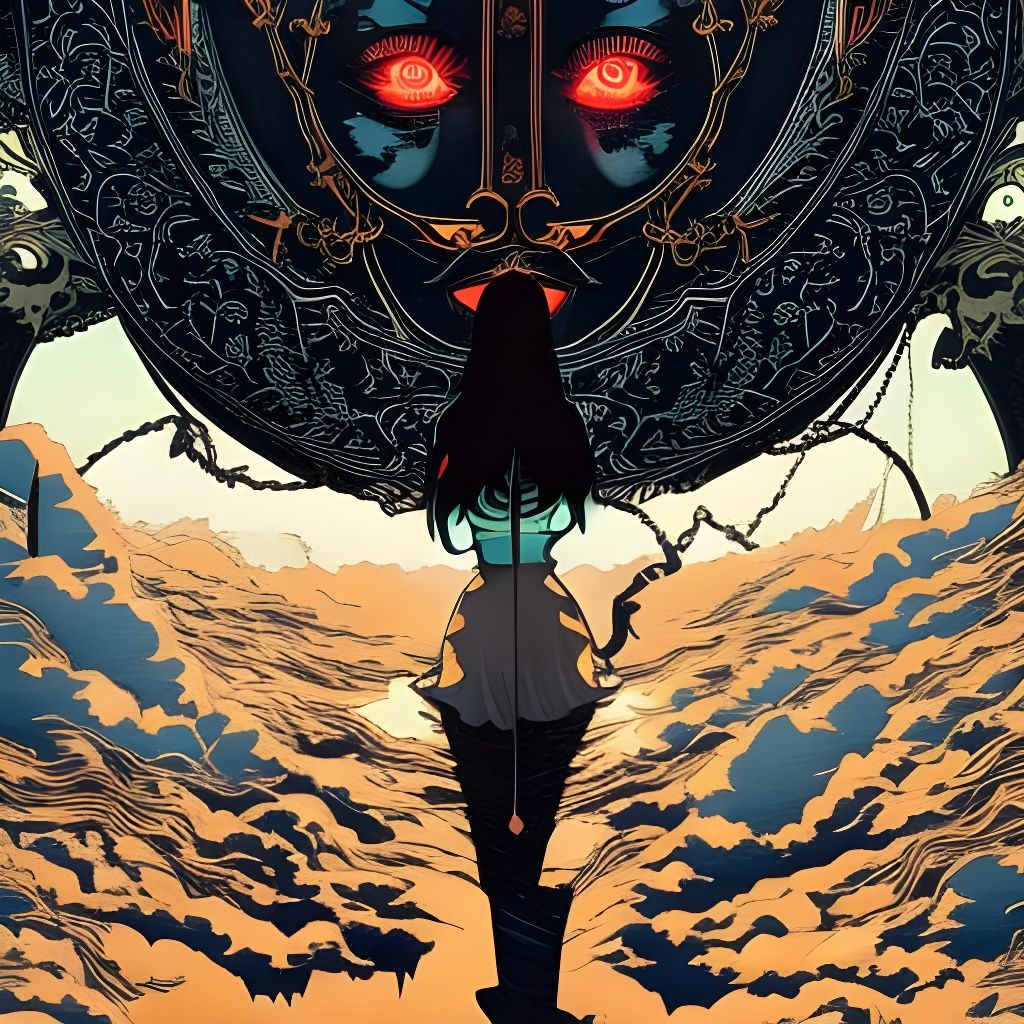 Steampunk Blimp Sunset with Goth Girl, Art Nouveau