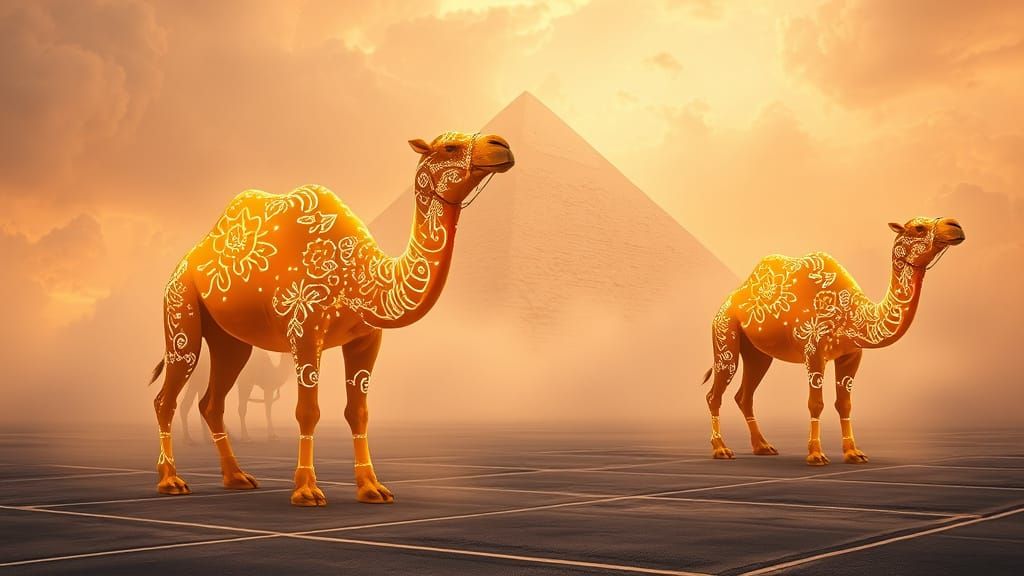 Neon Camel Mirage in Surreal Desert Landscape