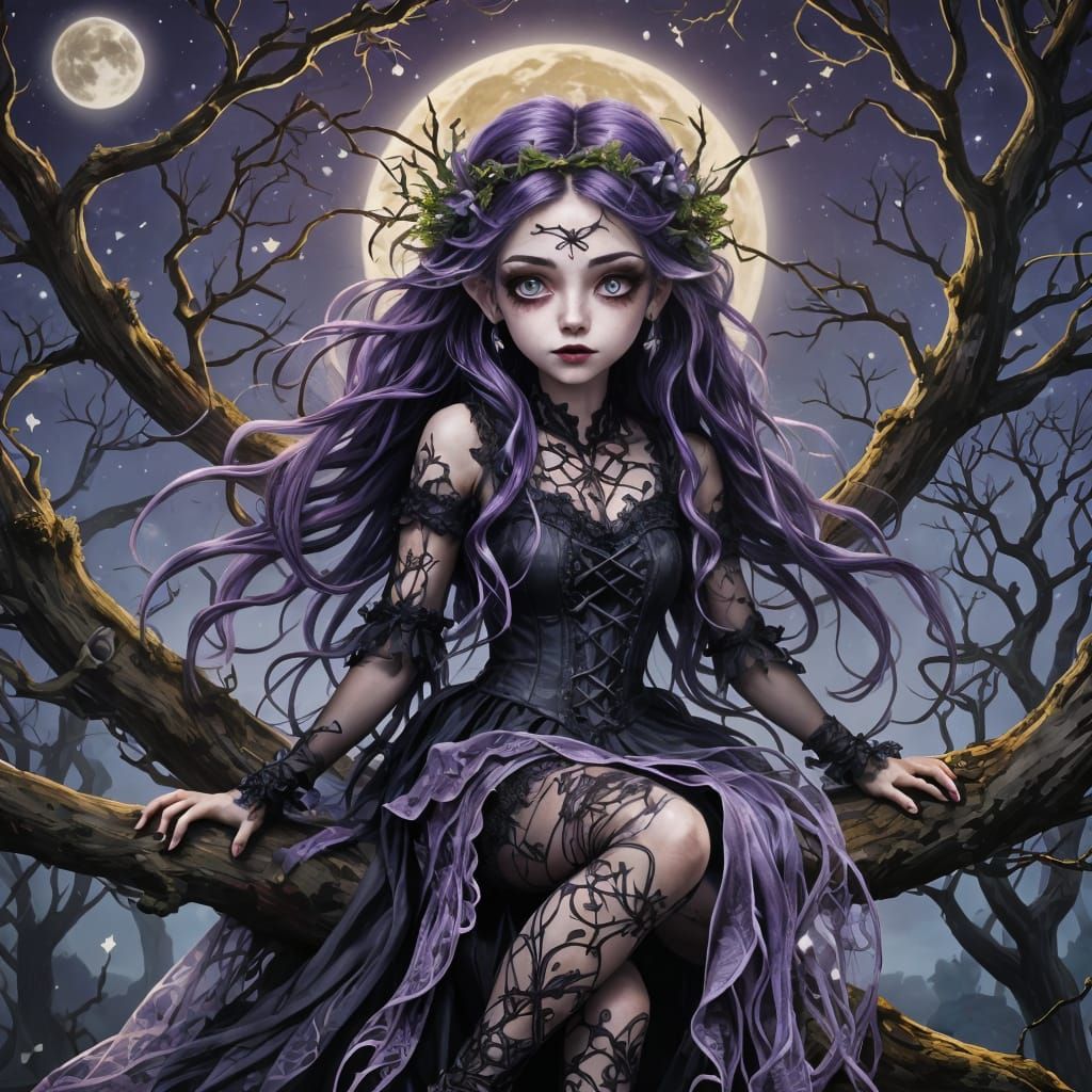 Purple Goth Fairy in Mystical Forest Illustration