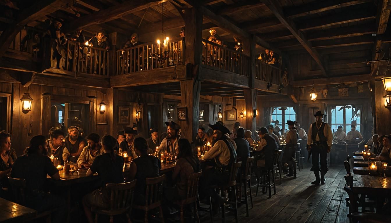Pirate Gathering in Tortuga Tavern: Caravaggiesque Art