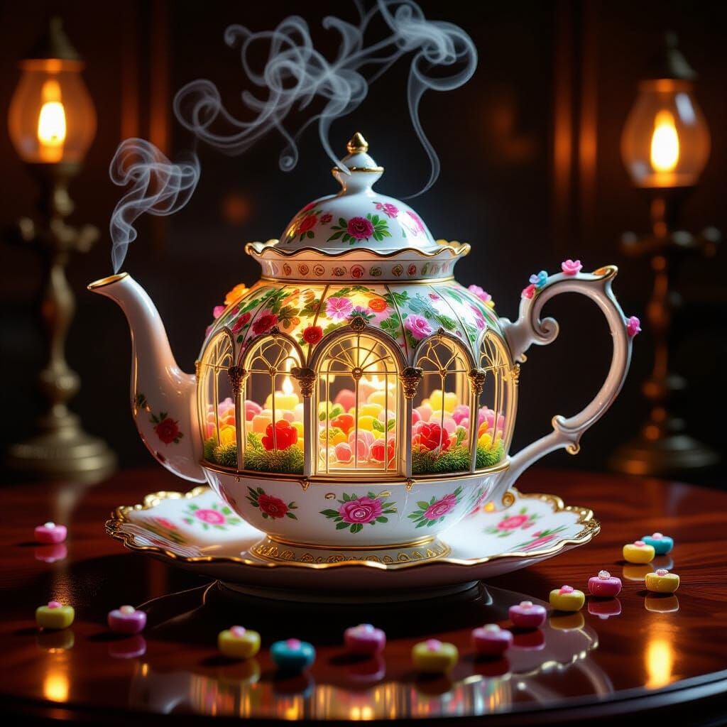 Victorian Greenhouse Teapot with Glowing Flowers