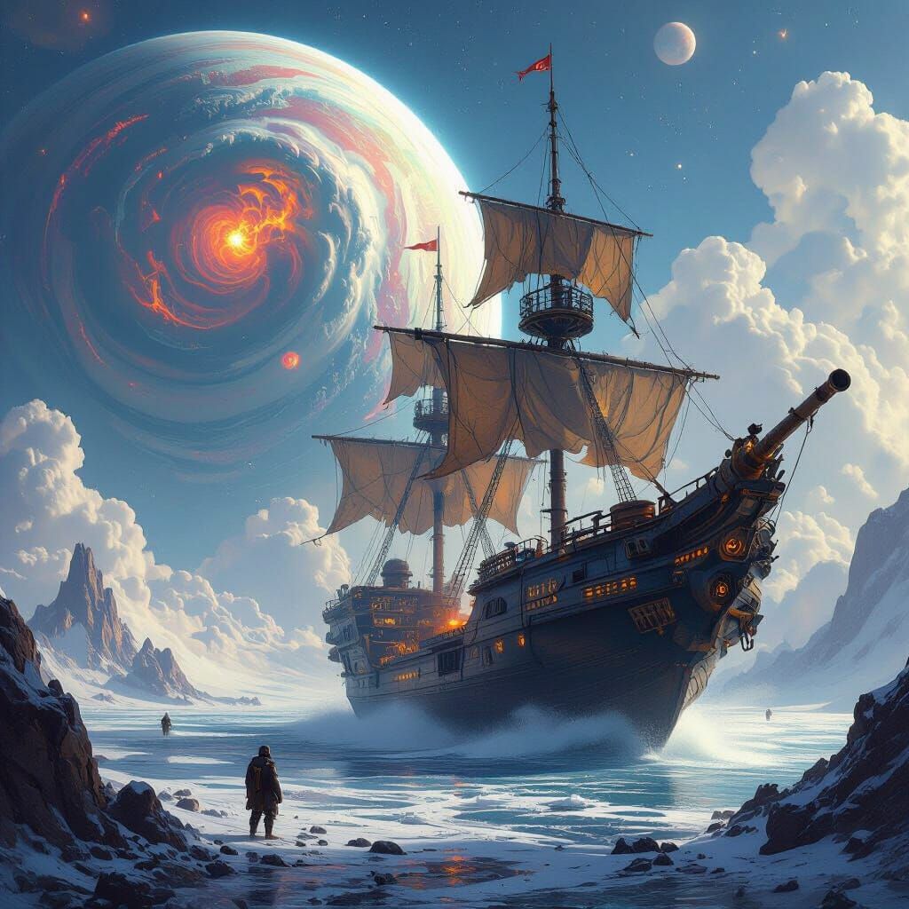 Colossal Space Pirate Ship Approaching Icy Planet