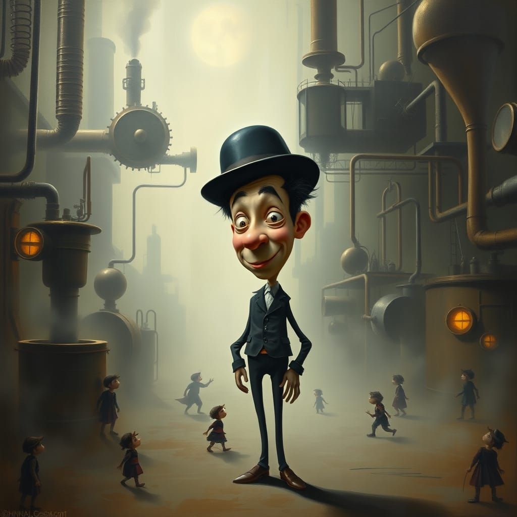 Steampunk Factory Oil Painting Of Charlie Chaplin