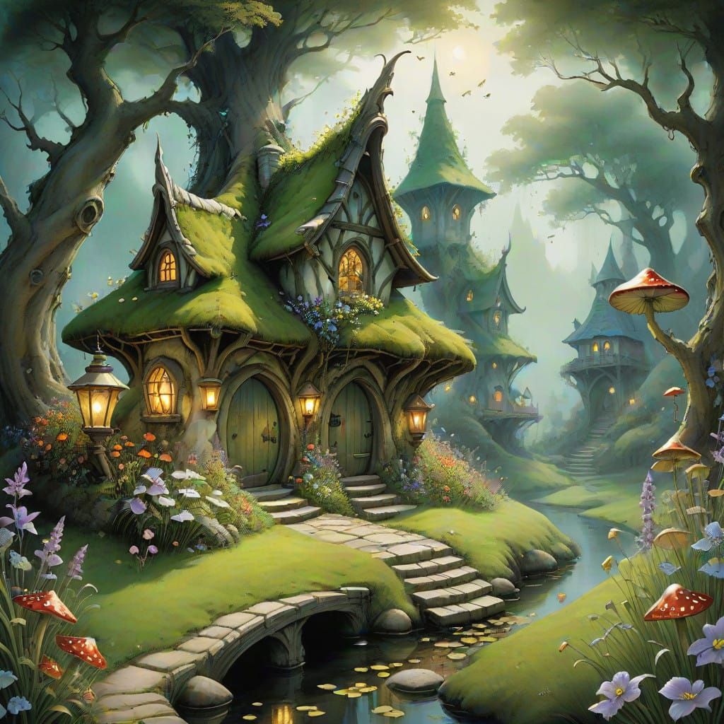 Whimsical Gnome Village in a Lush Meadow