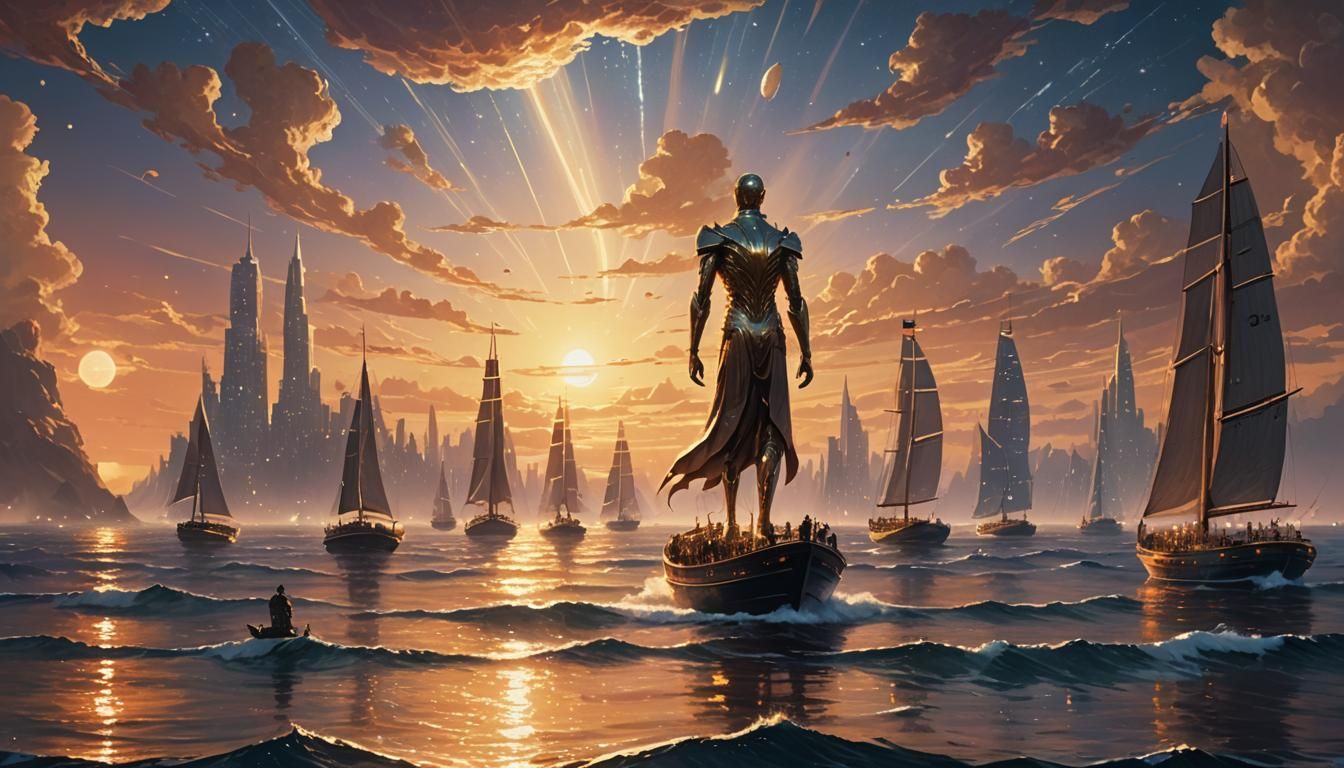 Giant Humanoids at Twilight: Futuristic Seascape