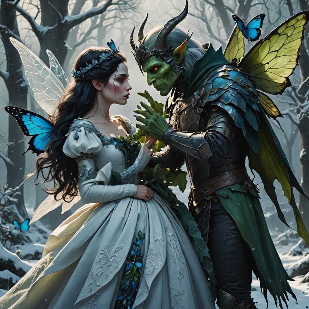 Goblin Knight and Winter Fairy Princess Kissing