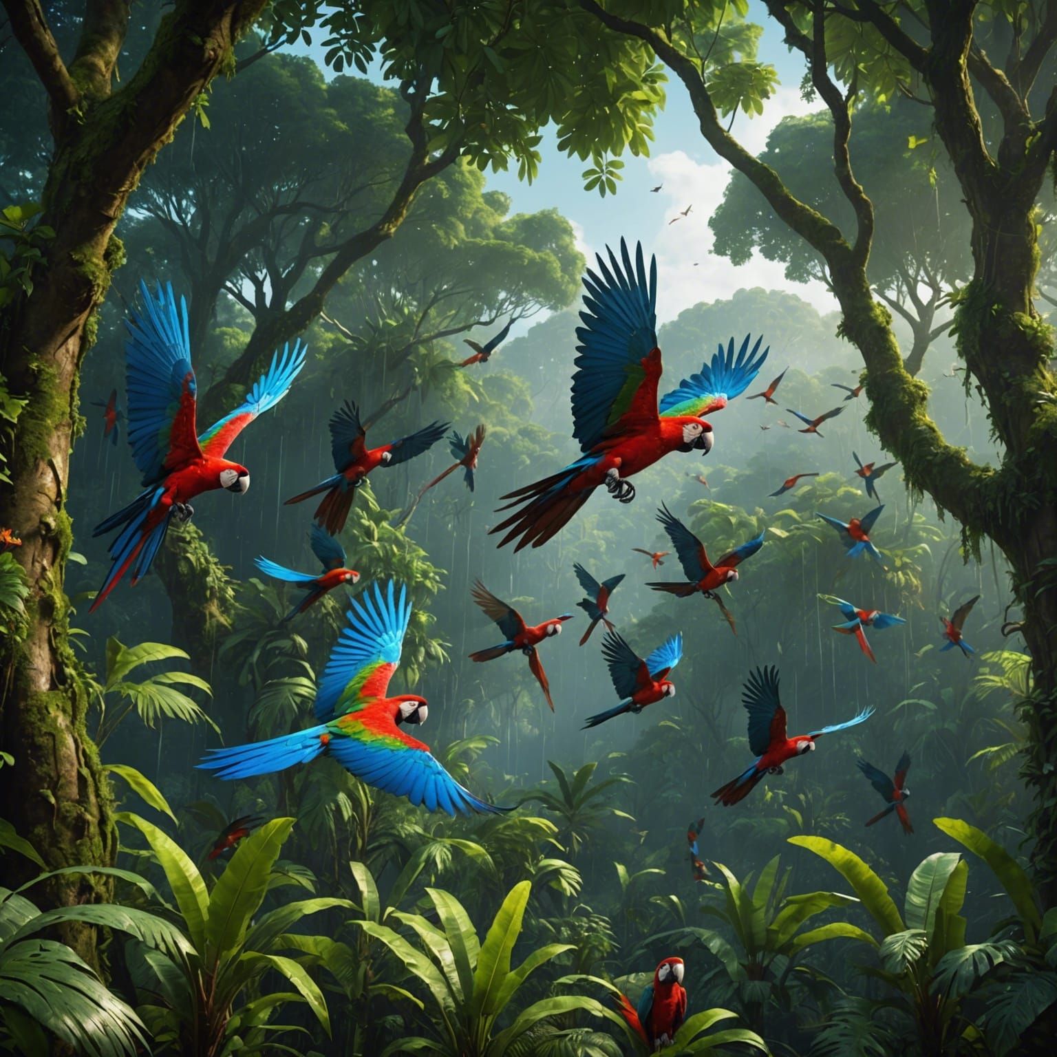 Macaws Fly Over Amazon: Detailed Fantasy Art