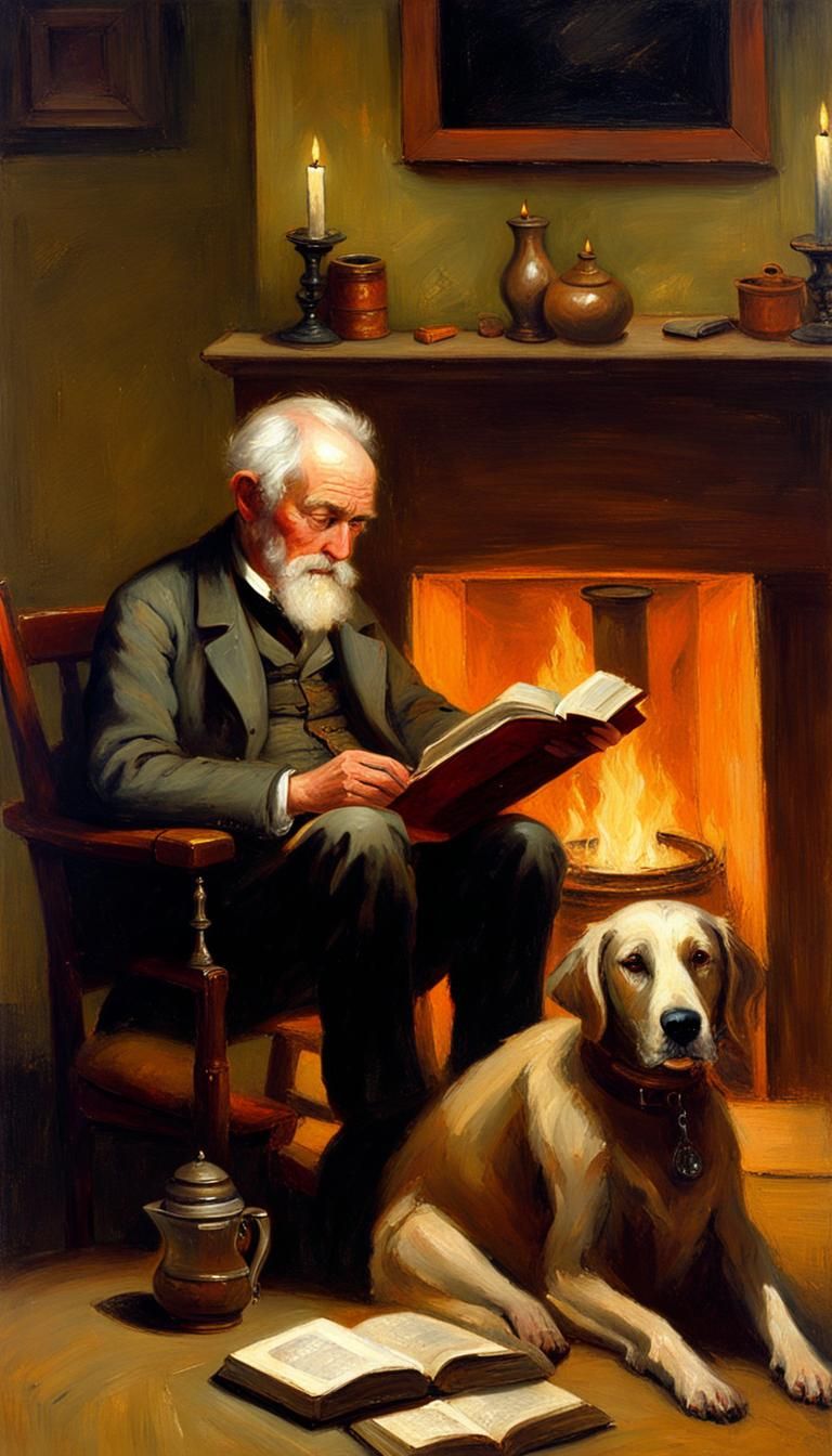 1850
old man reading a book
sitting
home
candle light
cup of coffe
fireplace on
dog lying in front of fireplace