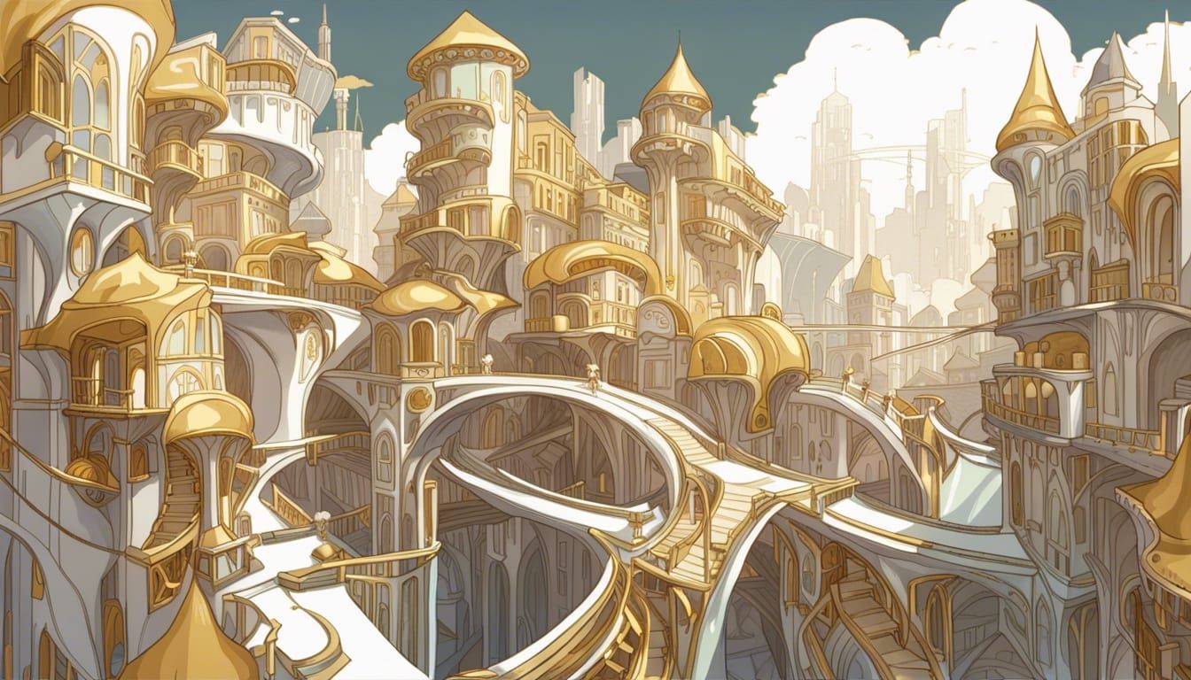 Art Nouveau Fantasy Cityscape in Gold and Silver