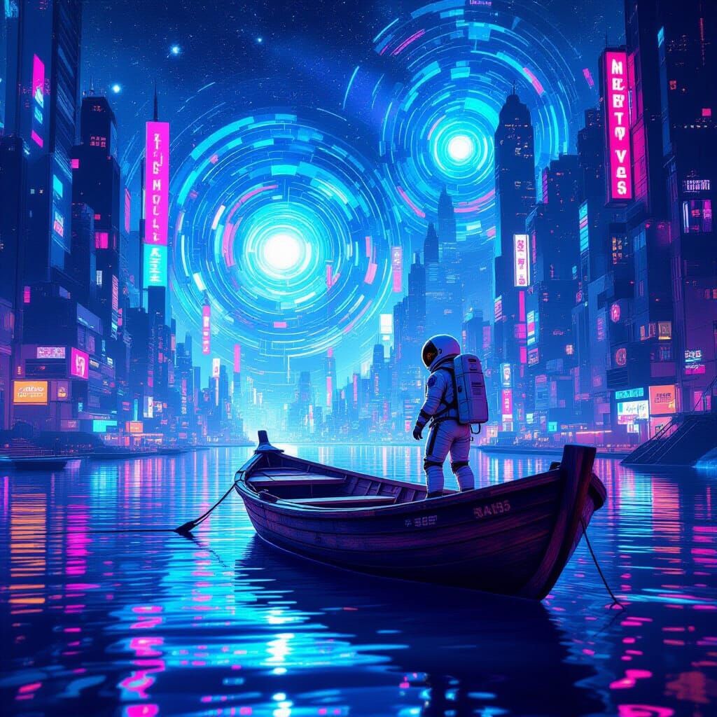 Astronaut in Holographic Cityscape: Dreamlike Illustration