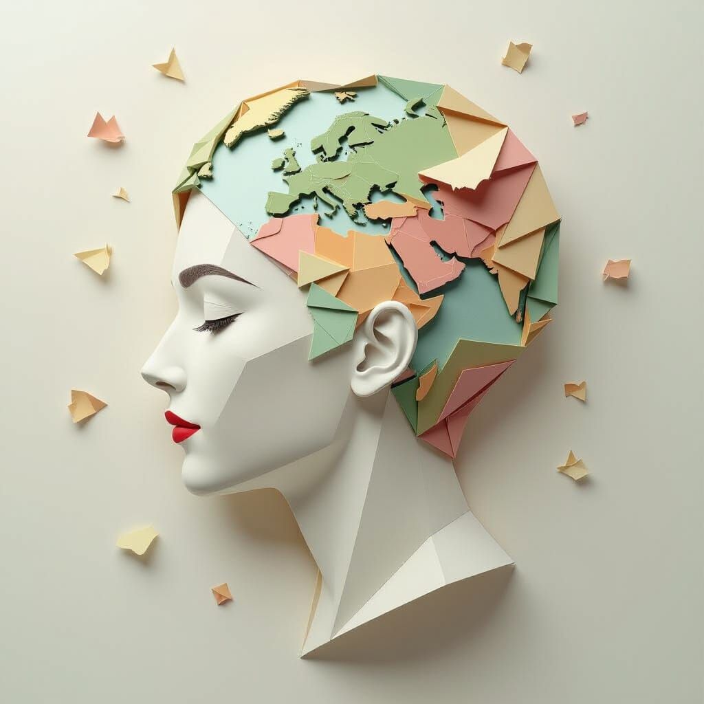Origami Mind Map Unfolding from Head in Pastel Tones