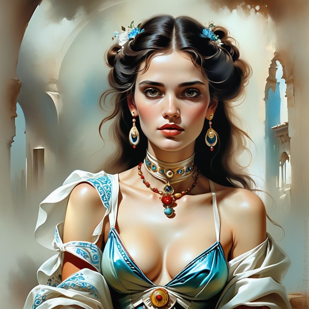 portrait of a woman in the style of   Boris Vallejo and Hans...