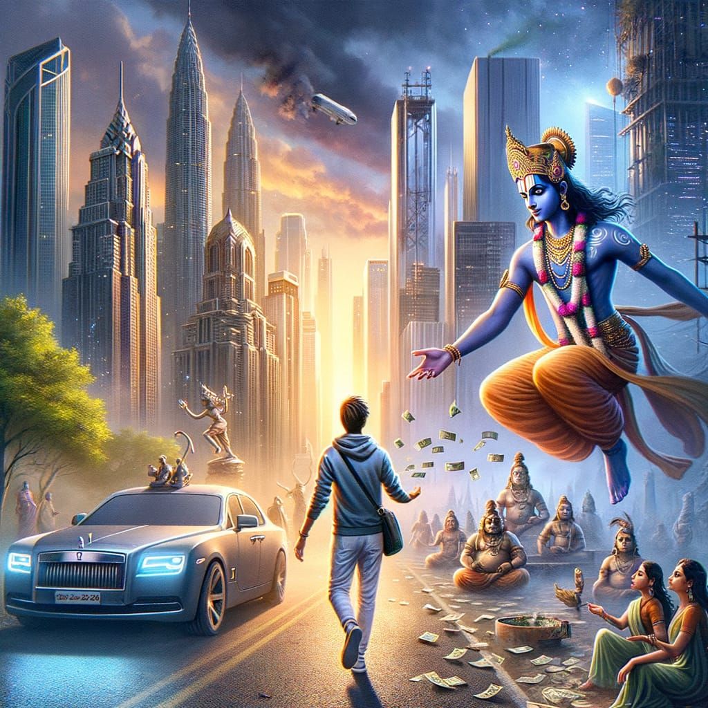 Krishna Pulling Devotee from City Life as Matte Painting