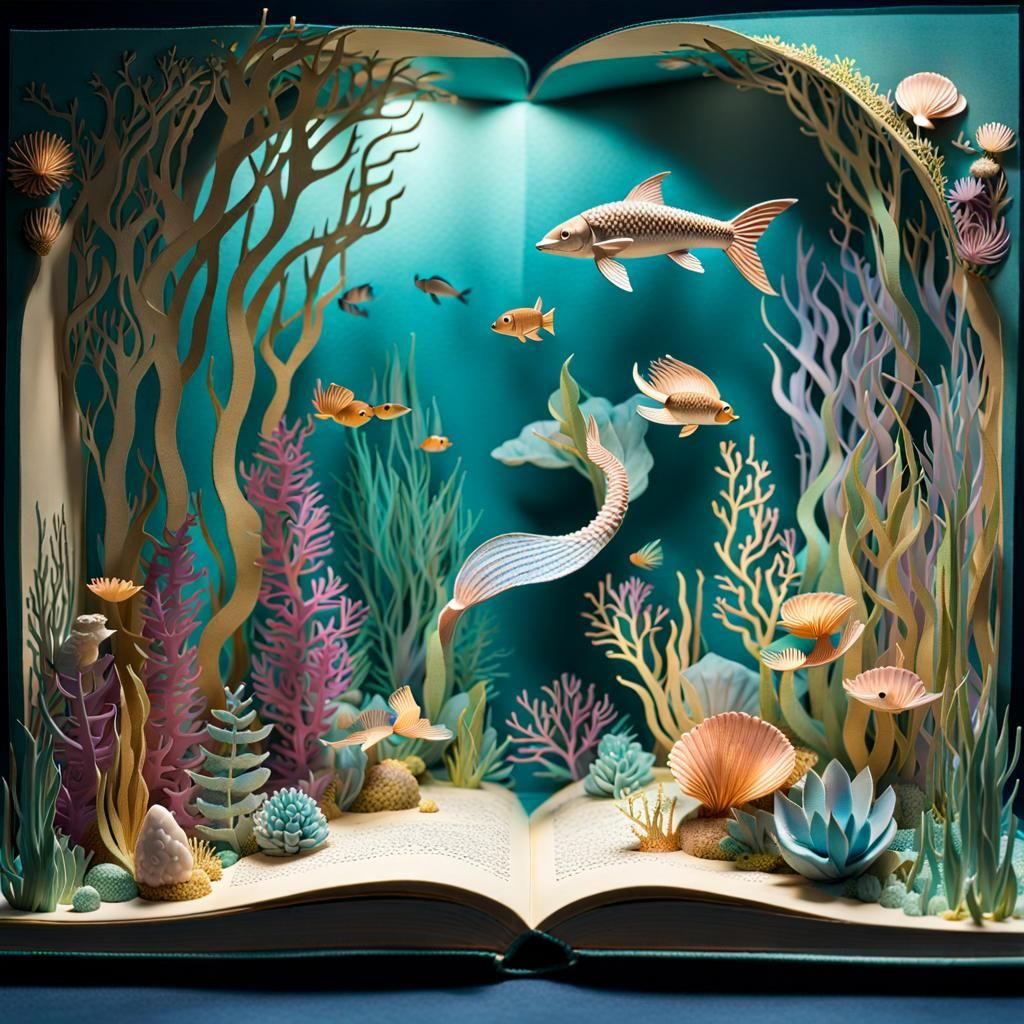 a wonderful magic pop-up underwater Mermaid world coming to life from a magic weathered old farm book, 3d extremely high...