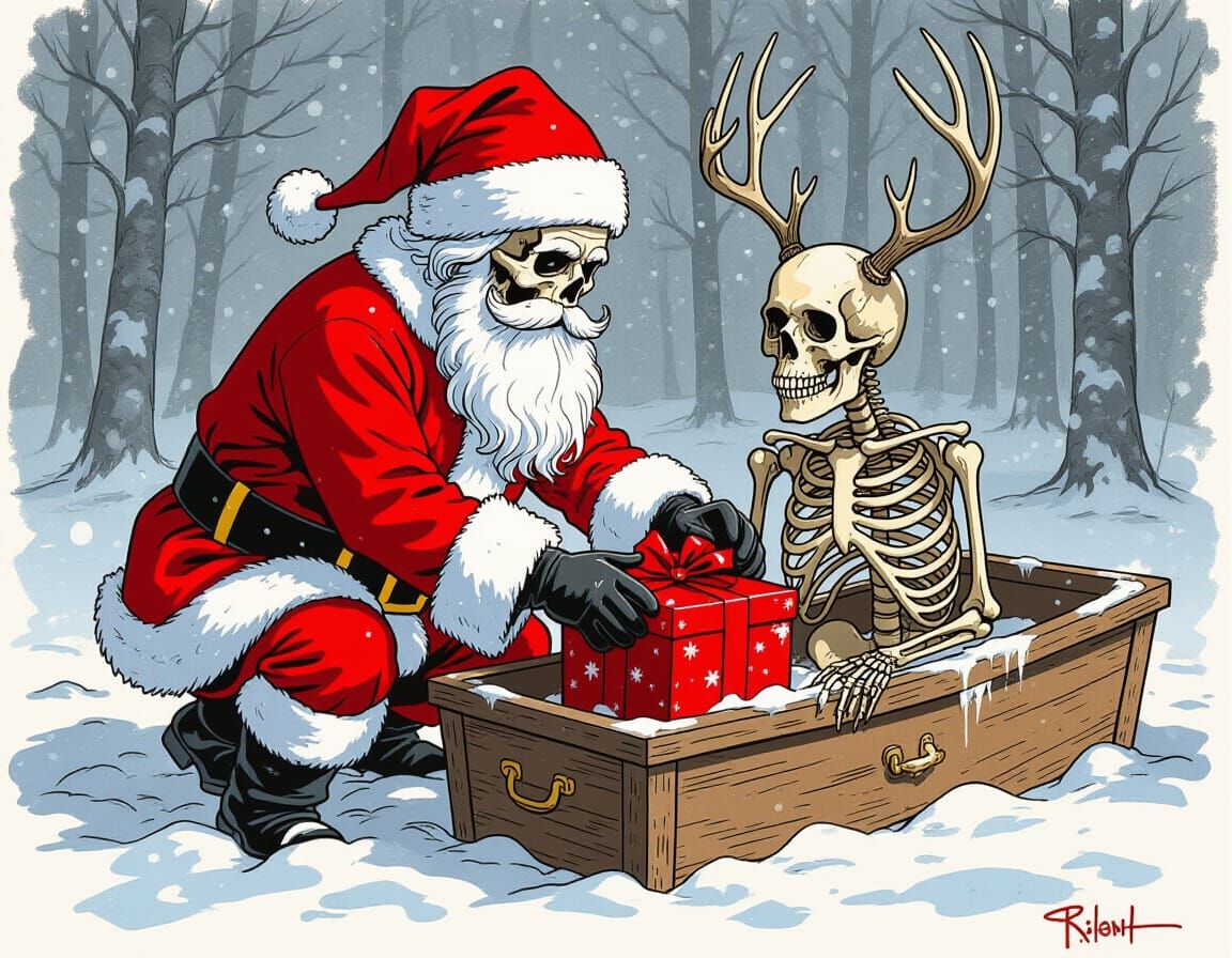 Skeleton Santa Delivers Gifts in Dusty Coffins