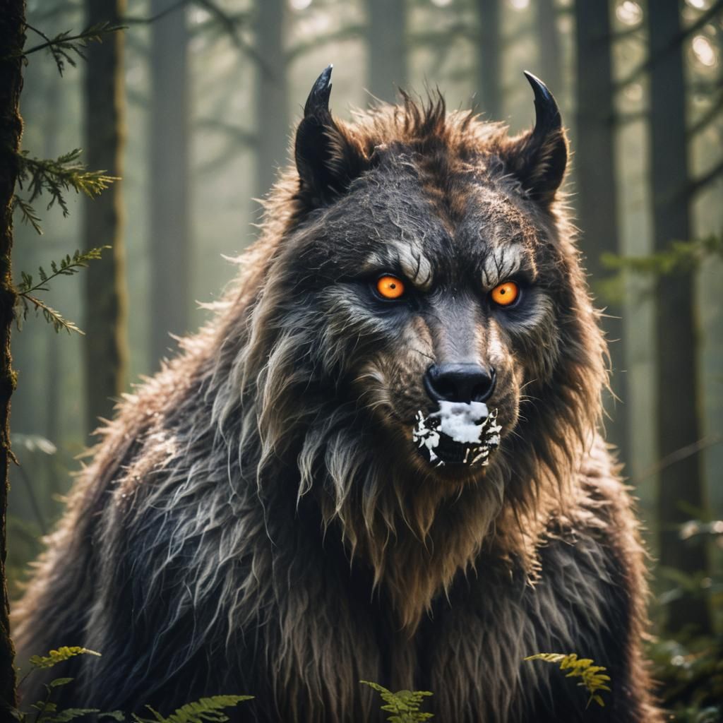Furry Cryptid Portrait in Misty Forest, Wildlife Photography