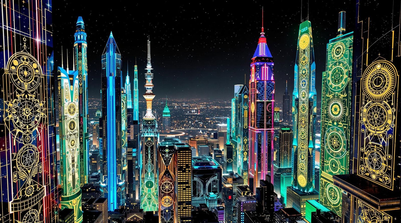 Glamorous Futuristic Cityscape in Golden Cosmic Patterns