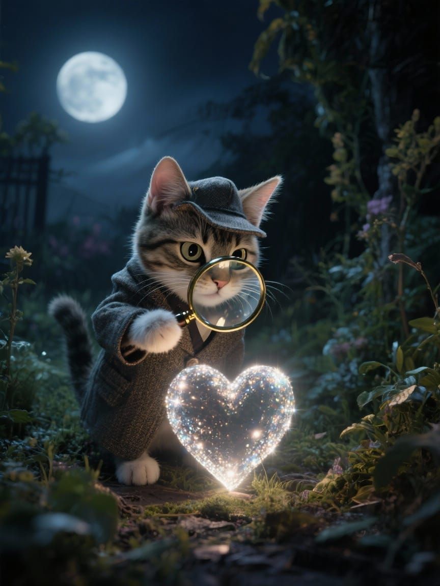 A mischievous cat and  ethereal heart symbol.