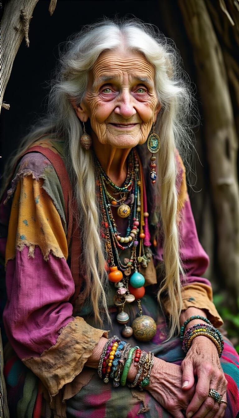Vibrant Witch with Ornate Staff Outside Forest Hut