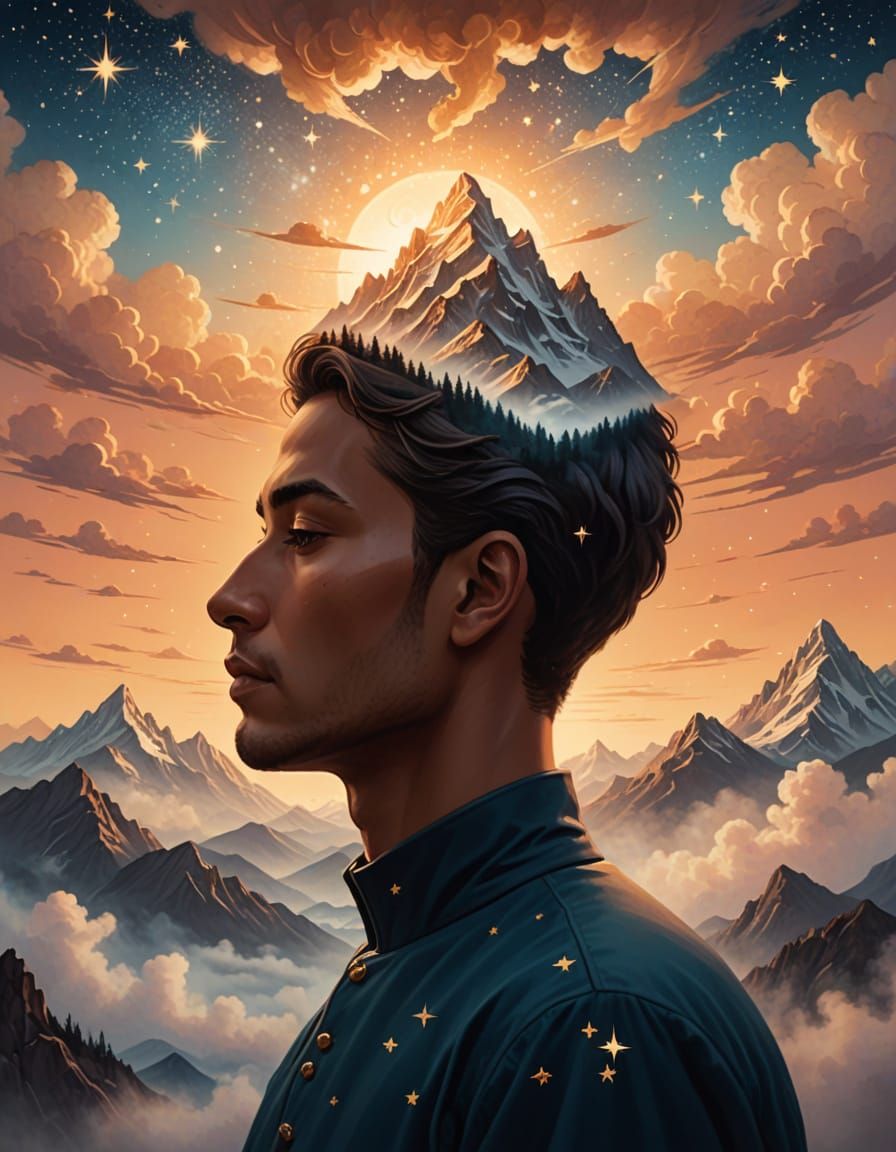 Ethereal Human Form Amidst a Majestic Mountain Range