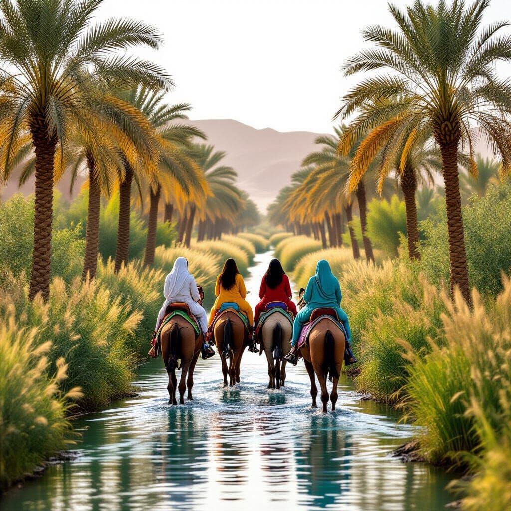 Women on Camels in Wadi Oasis, Majorelle Style