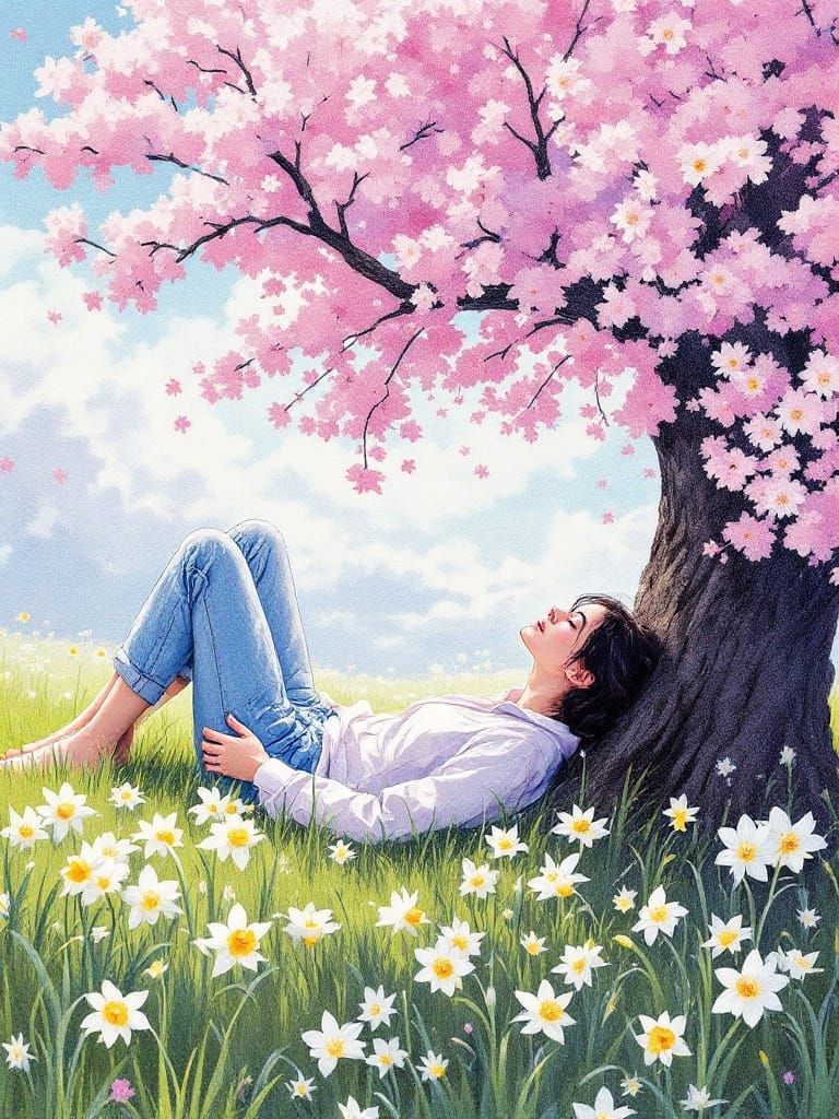 Refined Cherry Blossom Scene in Impressionist Pointillism