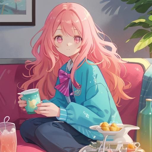 Cute Anime Girl with Boba in Detailed Matte Painting