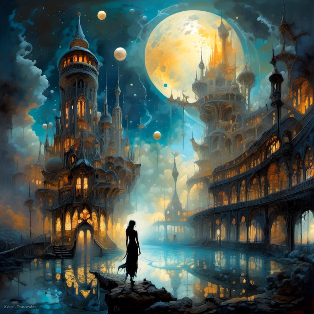 Ornate Lunar City in Clouds: Holographic Silhouette Art