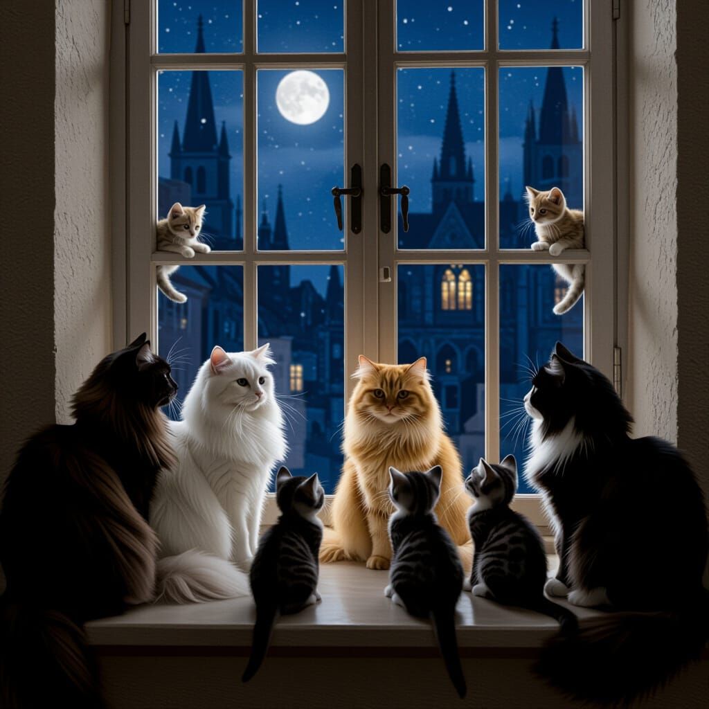 Cats Teach Kittens Human Training in Night Cathedral