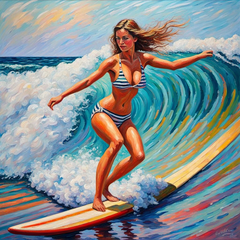 Woman Surfing: Expressionist Oil Painting