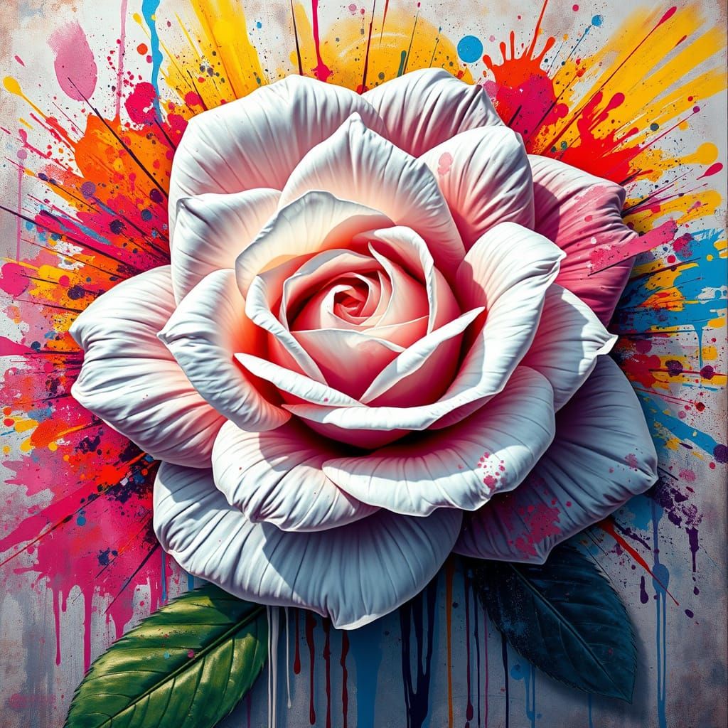 Explosive, Oversized White Rose in Vibrant, Polychromatic Hu...